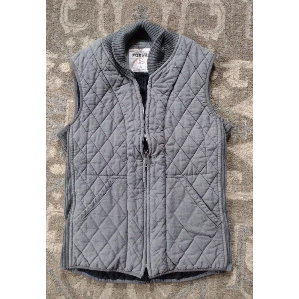 Fossil Vtg Quilted Vest Gray Full Zip Men S Women M Cotton Y2K